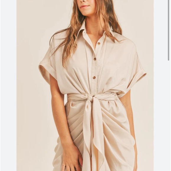 Taupe  button down tie Dress 95%polyester 5%spandex - Picture 3 of 6